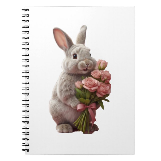 Caderno Espiral  “Cute Bunny with Pink Roses” Adorable Art Design (Frente)