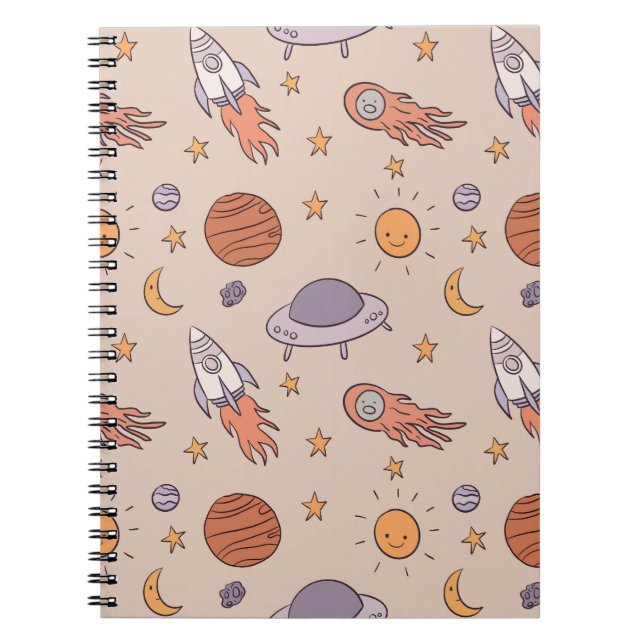 Caderno Espiral Cute Cartoon Outer Space Seamless Pattern Design (Frente)