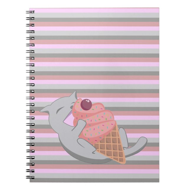 Caderno Espiral Cute Cat Eating Ice Cream Striped (Frente)