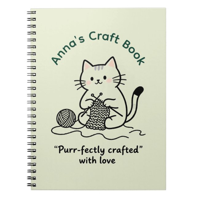 Caderno Espiral Cute Cat Knitting Craft Book Light Green Design (Frente)