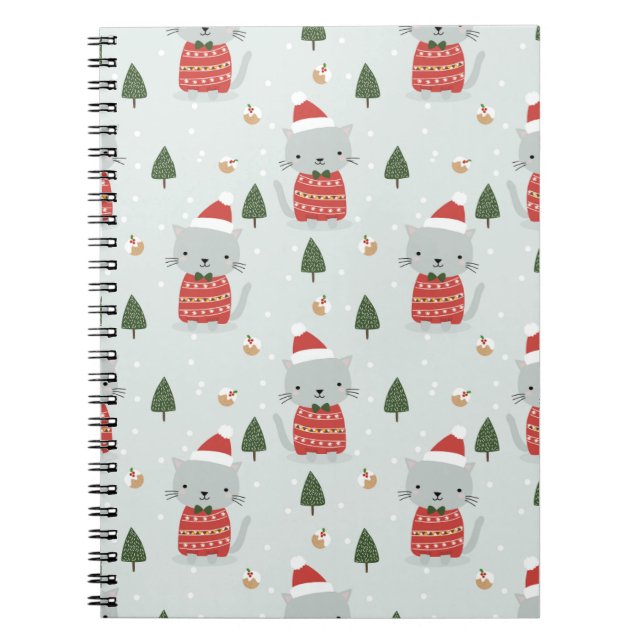 Caderno Espiral Cute Christmas Cat Pattern – Festive Holiday  (Frente)