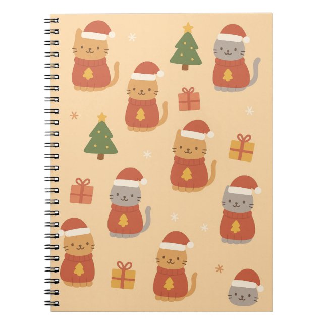 Caderno Espiral Cute Christmas Cat Pattern – Kawaii Festive Cats & (Frente)