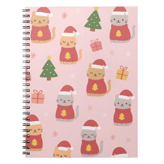 Caderno Espiral Cute Christmas Cats Pattern – Pink Holiday Design (Frente)