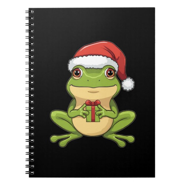 Caderno Espiral Cute Christmas Frog with Santa Hat Holding  Gift - (Frente)