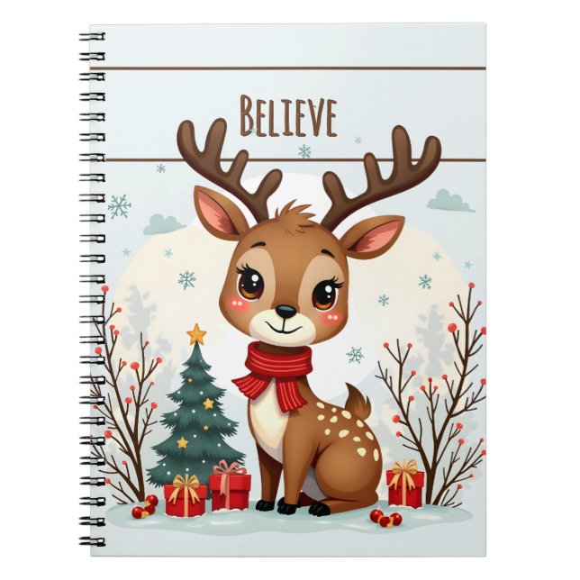 Caderno Espiral Cute Christmas Reindeer Scene Snowy Forest (Frente)