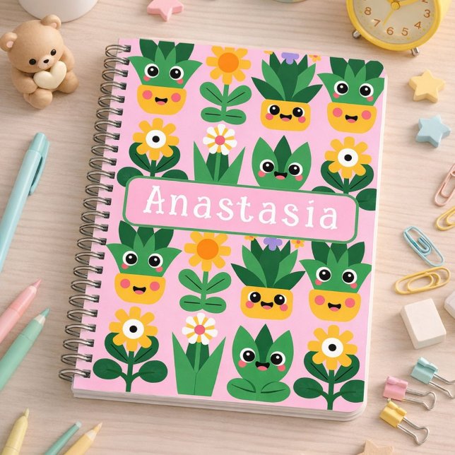 Caderno Espiral Cute Customizable Pot Plant Print (Cute, fun Kawaii inspired pot plant design.)
