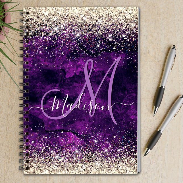 Caderno Espiral Cute dark purple gold faux glitter monogram (Criador carregado)