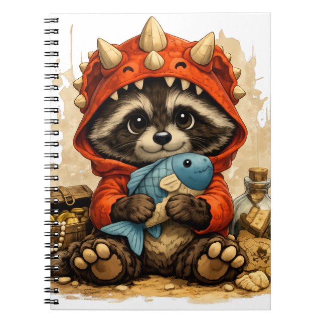 Caderno Espiral Cute Dino Raccoon Notebook – Kawaii Pirate (Frente)