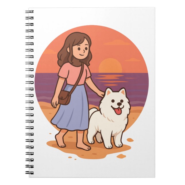 Caderno Espiral Cute Dog Mom Walking Fluffy Pup on Sunset Beach  (Frente)