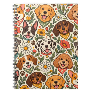 Caderno Espiral Cute Dogs and Colorful Floral Pattern