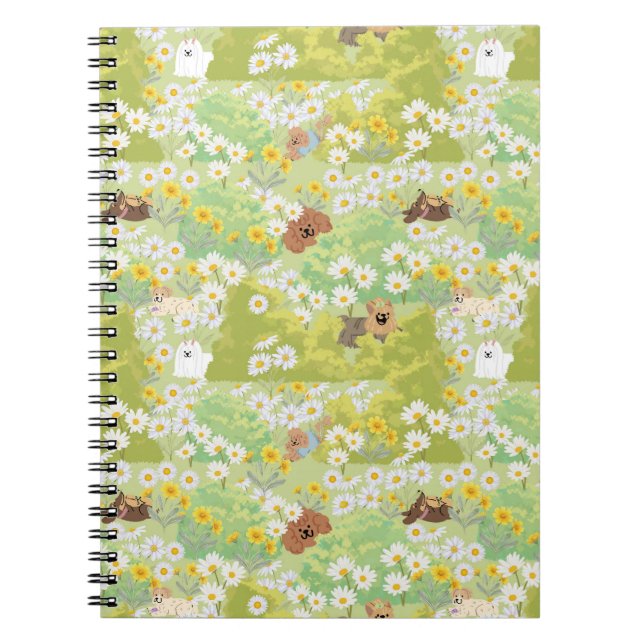 Caderno Espiral Cute Dogs With Daisy Flowers Seamless Pattern (Frente)