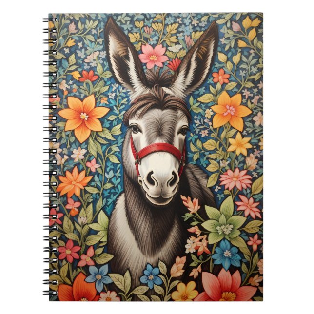 Caderno Espiral Cute Donkey On Colorful Floral Background (Frente)