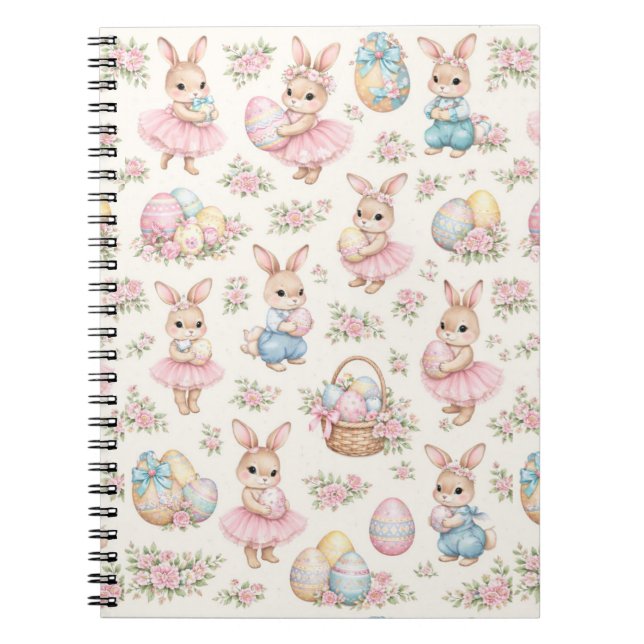 Caderno Espiral Cute Easter Bunny Floral Pattern - Pastel Spring (Frente)
