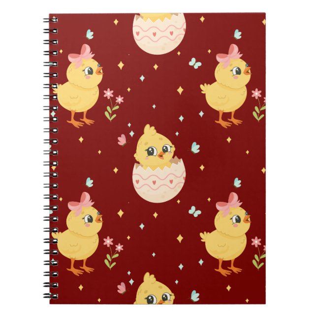Caderno Espiral Cute Easter Chick with Pink Bow Seamless Pattern  (Frente)