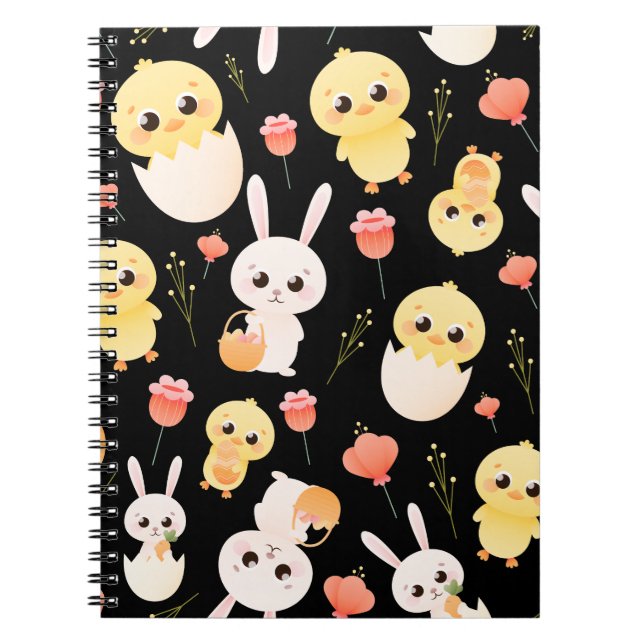 Caderno Espiral Cute Easter Chicks & Bunnies Seamless Pattern  (Frente)