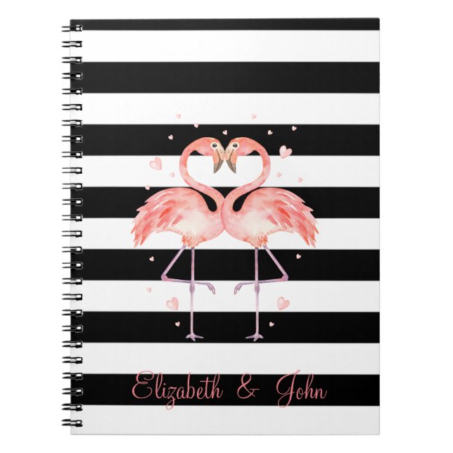 Caderno Espiral Cute Flamingos In Love,Black White Stripes   (Frente)