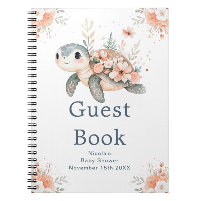 Caderno Espiral Cute Floral Turtle Baby Shower Guest Book (Frente)
