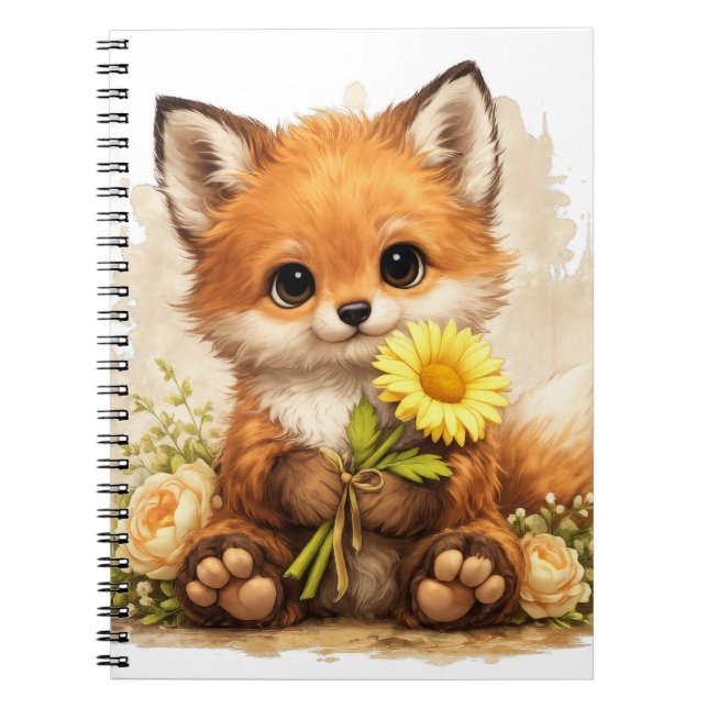 Caderno Espiral Cute Fox Flower Notebook – Kawaii Animal (Frente)