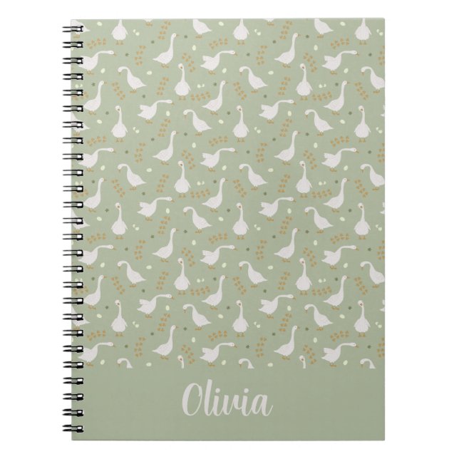 Caderno Espiral Cute Geese, Footprints and Custom Name on Green (Frente)