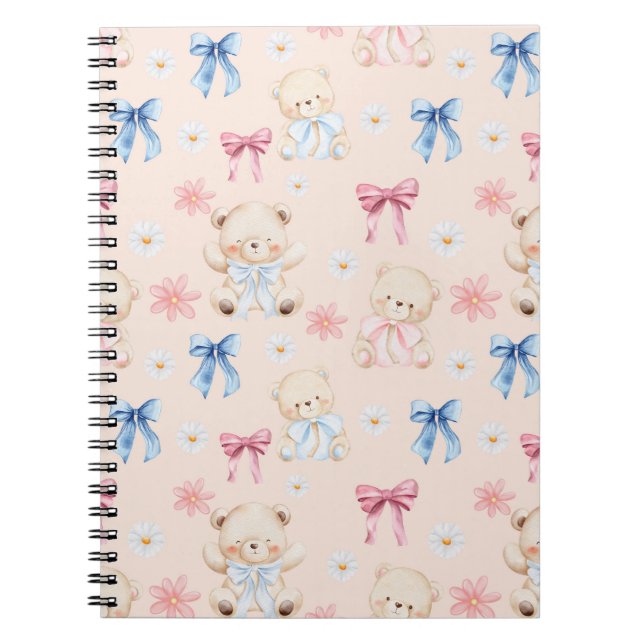 Caderno Espiral Cute Girly Bow Teddy Bears Seamless Pattern (Frente)