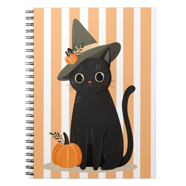 Caderno Espiral Cute Halloween Black Cat with Witch Hat Pumpkin (Frente)