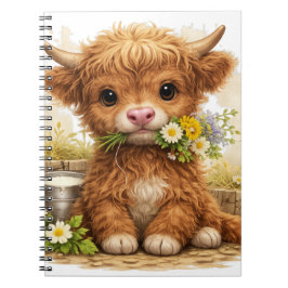 Caderno Espiral Cute Highland Cow with Flowers Kawaii Farm Cottage