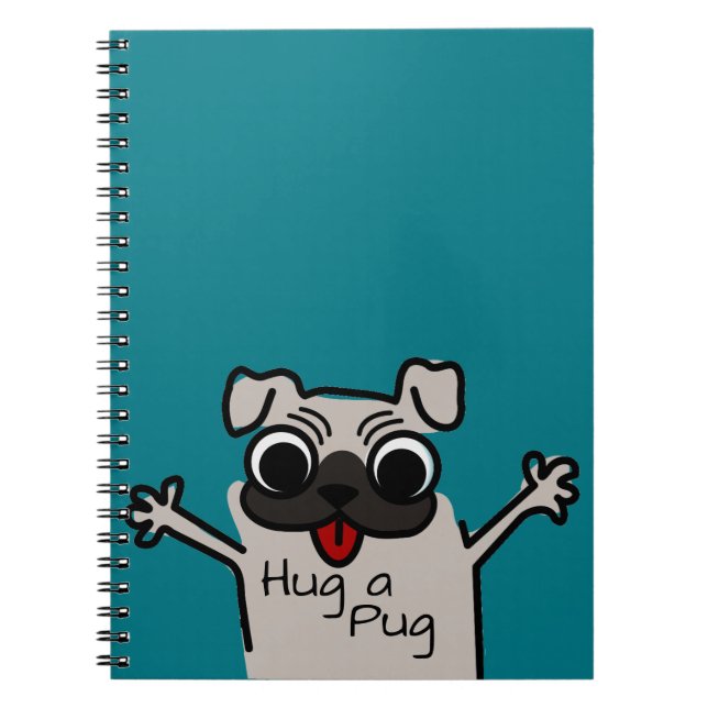 Caderno Espiral Cute Hug a Pug Teal (Frente)