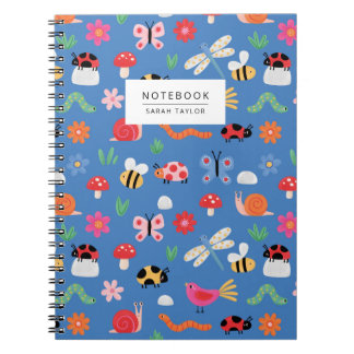 Caderno Espiral Cute Insects & Nature Pattern in Blue