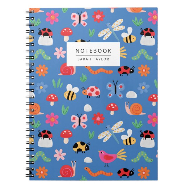 Caderno Espiral Cute Insects & Nature Pattern in Blue (Frente)