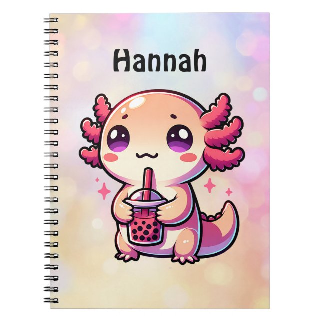 Caderno Espiral Cute Kawaii Axolotl com Chá de Bolha Personalizado (Frente)