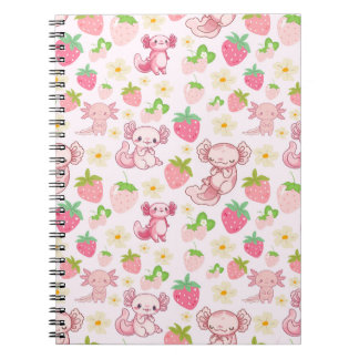 Caderno Espiral Cute Kawaii Axolotl & Strawberry Seamless Pattern