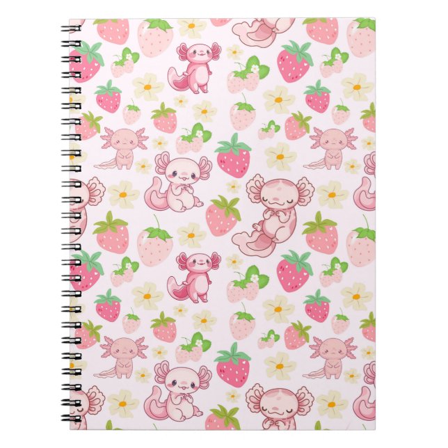 Caderno Espiral Cute Kawaii Axolotl & Strawberry Seamless Pattern (Frente)