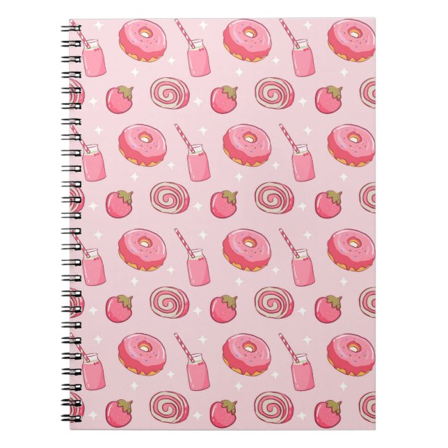 Caderno Espiral Cute Kawaii Pink Aesthetic Foods Seamless Pattern (Frente)