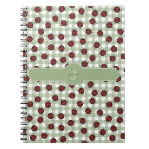 Caderno Espiral Cute Ladybug Padrão Verde Gingham Monograma Nome