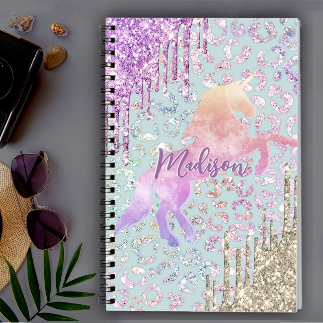 Caderno Espiral Cute Mint Unicorn Animal print glitograma monogram (Criador carregado)