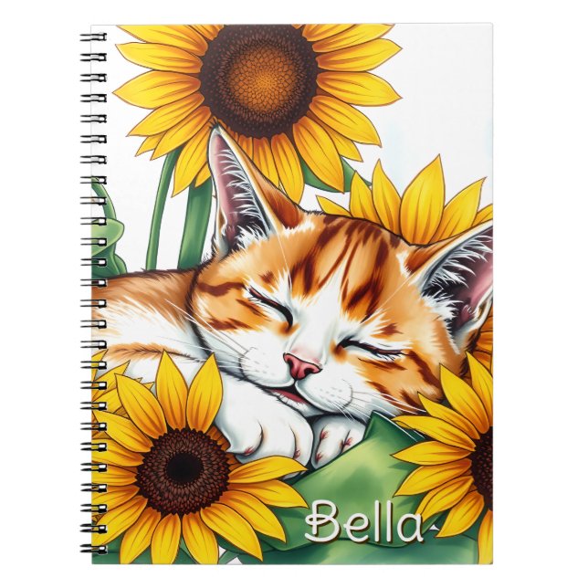 Caderno Espiral Cute Napping Kitten and Sunflowers Personalized (Frente)