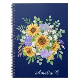 Caderno Espiral Cute Navy Blue Boho Wildflowers Notebook Journal