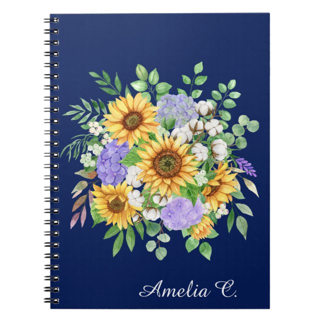 Caderno Espiral Cute Navy Blue Boho Wildflowers Notebook Journal (Frente)