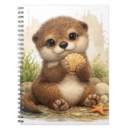 Caderno Espiral Cute Otter Holding Shell Kawaii Ocean Beach