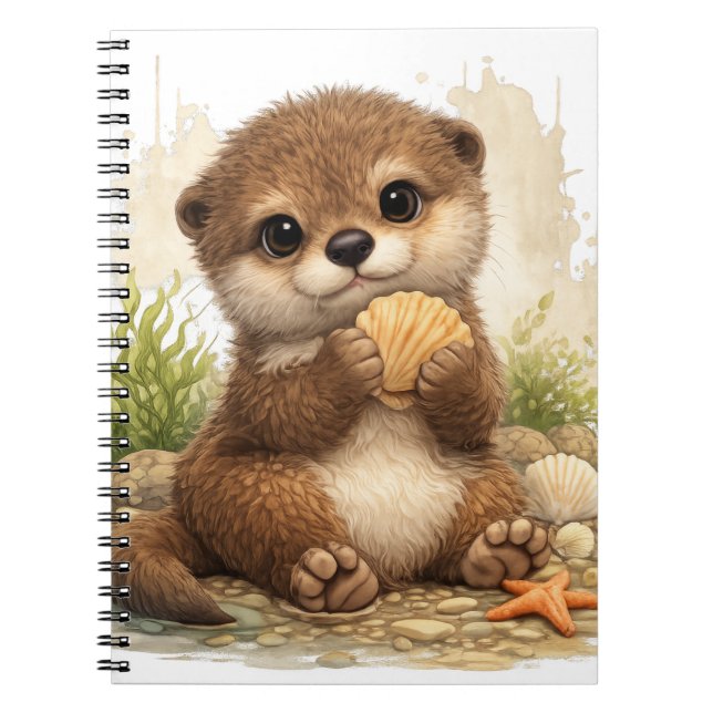 Caderno Espiral Cute Otter Holding Shell Kawaii Ocean Beach  (Frente)