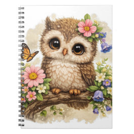 Caderno Espiral Cute Owl with Flowers Kawaii Woodland Cottagecore