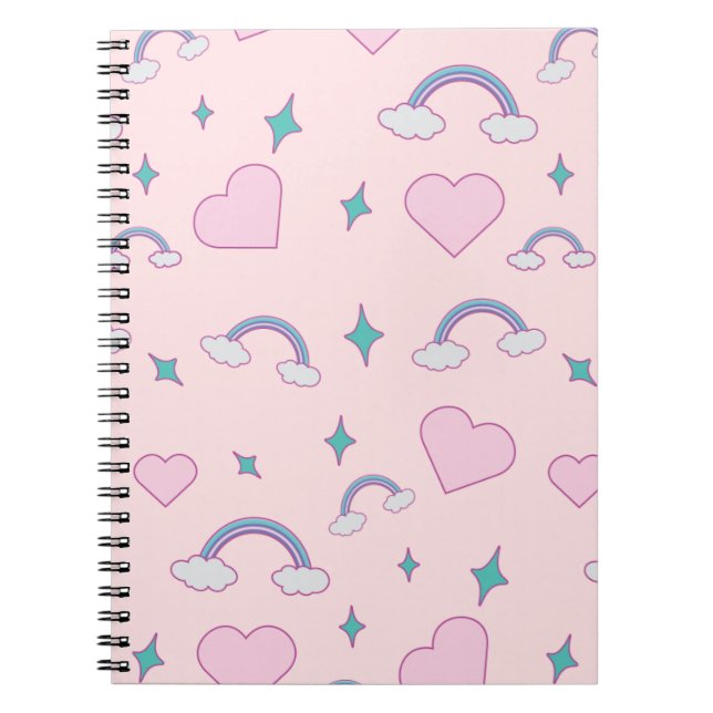 Caderno Espiral Cute Pastel Hearts & Rainbow Pattern | Kawaii Pink (Frente)