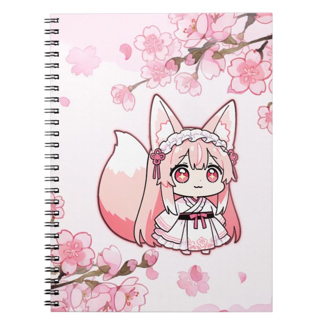 Caderno Espiral Cute Pastel Pink Chibi FoxGirl  (Frente)