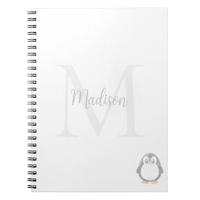 Caderno Espiral Cute Penguin Custom Name Initial  (Frente)