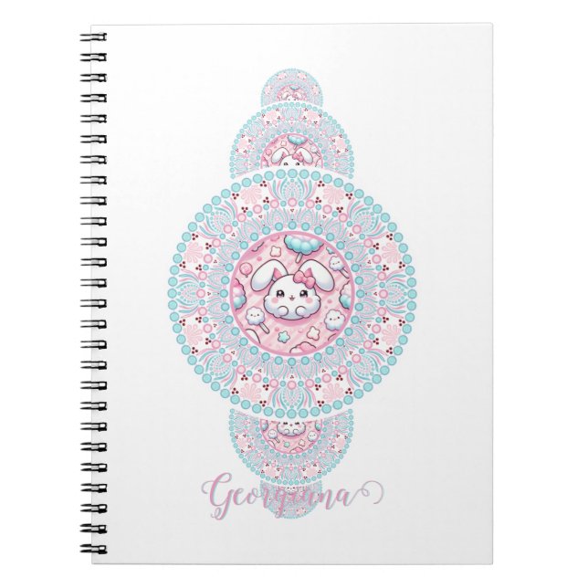 Caderno Espiral Cute Personalizado Kawaii Bunny Mandala Ornamental (Frente)