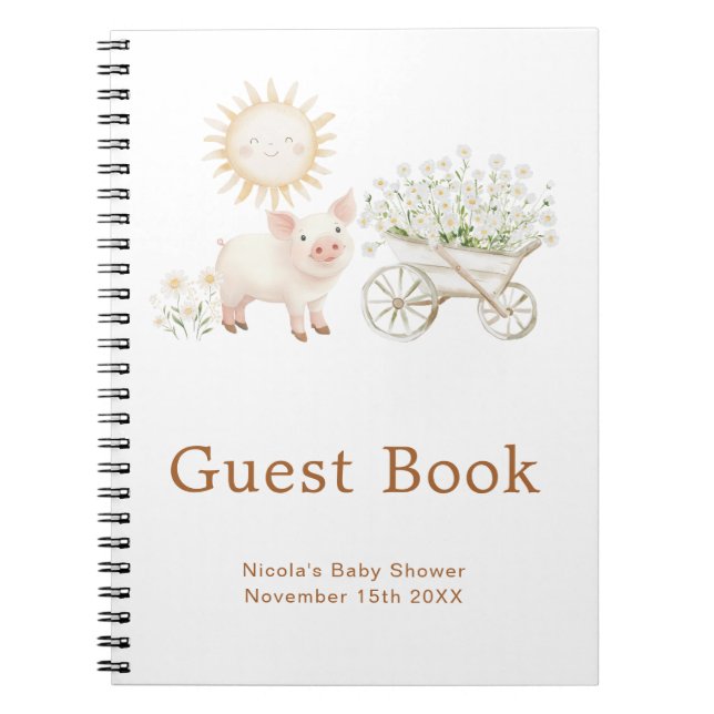 Caderno Espiral Cute Pig Wheelbarrow Baby Shower Guest Book (Frente)