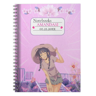 Caderno Espiral Cute-Pink Anime Girl Floral Aesthetic Notebook