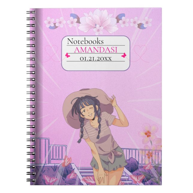Caderno Espiral Cute-Pink Anime Girl Floral Aesthetic Notebook (Frente)