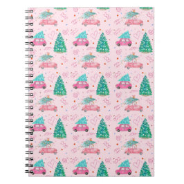 Caderno Espiral Cute Pink Christmas Car Tree Seamless Pattern