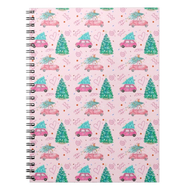 Caderno Espiral Cute Pink Christmas Car Tree Seamless Pattern (Frente)